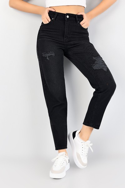 Siyah Lazer Kesim Bayan Mom Kot Pantolon 86958