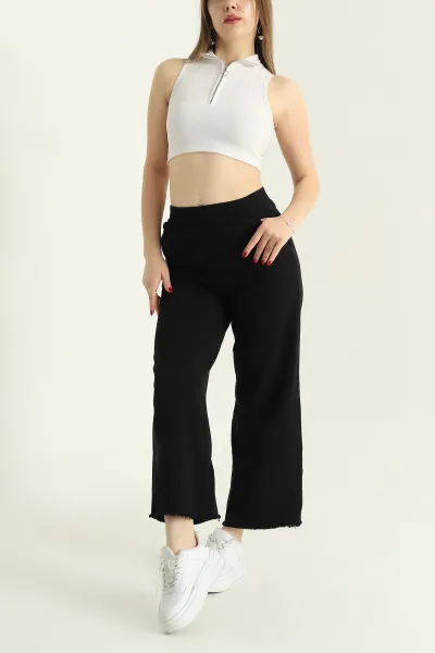 Siyah Lazer Kesim Bel Lastikli Bayan Gabardin Pantolon 332714