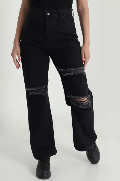 Siyah Lazer Kesim Comfort Likralı Kadın Palazzo Kot Pantolon 476099