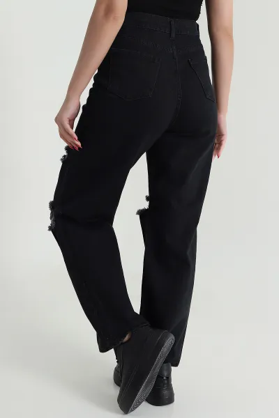 Siyah Lazer Kesim Comfort Likralı Kadın Palazzo Kot Pantolon 476099