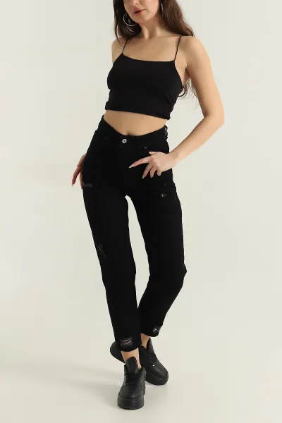 Siyah Lazer Kesim Mom Kadın Kot Pantolon 416180