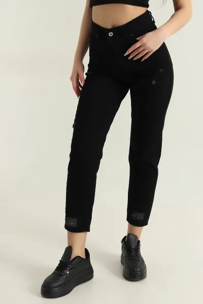 Siyah Lazer Kesim Mom Kadın Kot Pantolon 416180