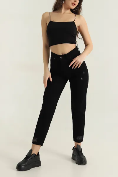Siyah Lazer Kesim Mom Kadın Kot Pantolon 416180