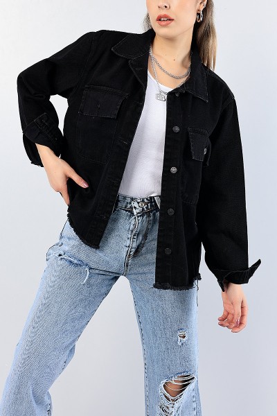 Siyah Lazer Kesim Over Size Bayan Kot Ceket 76255