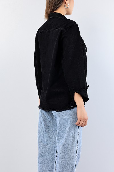 Siyah Lazer Kesim Over Size Bayan Kot Ceket 76255