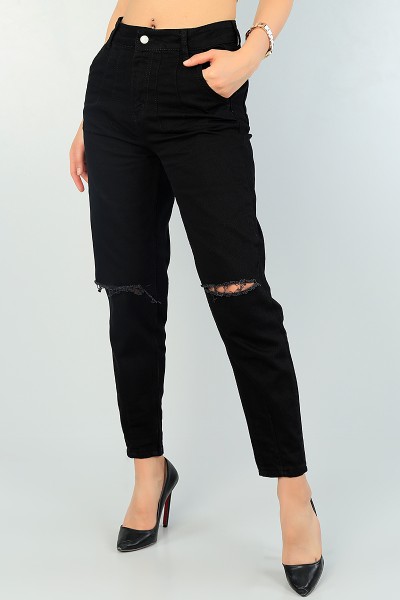 Siyah Lazer Kesim Pensli Bayan Mom Kot Pantolon 66599