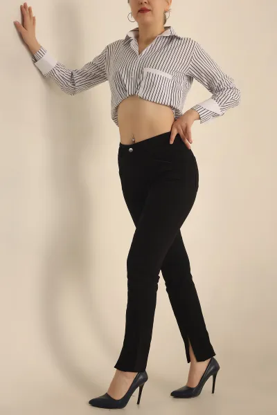 Siyah Lazer Kesim Yırtmaçlı Kot Pantolon 229115