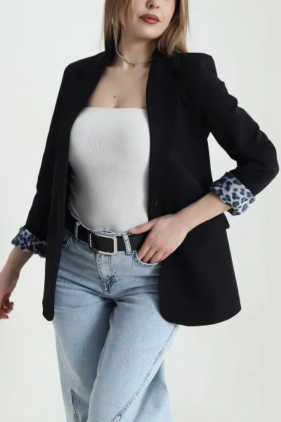 Siyah Leopar Astarlı Kadın Ceket 440962