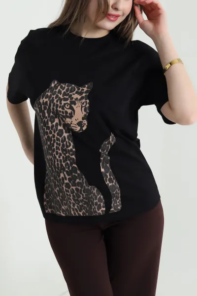 Siyah Leopar Baskılı Süprem Kadın Tişört 440871