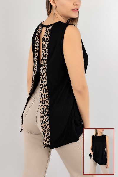 Siyah Leopar Desen Sırt Dekolte Bluz 107640