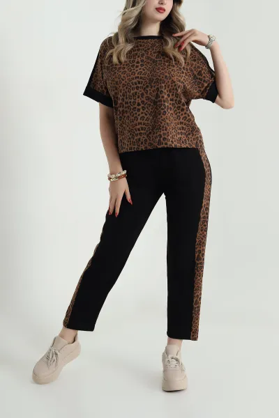 Siyah Leopar Desenli Kristal Kadın İkili Takım 482128