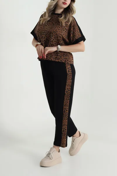 Siyah Leopar Desenli Kristal Kadın İkili Takım 482128