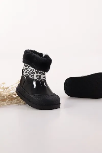 Siyah Leopar Desenli Rugan ( 22 - 26 ) Fermuarlı İçi Kürklü Kız Bebek Bot 411504