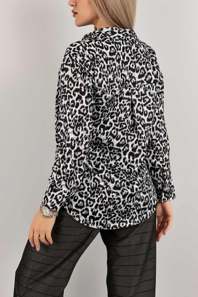 Siyah Leopar Desenli Saten Gömlek 143230