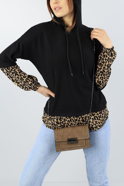 Siyah Leopar Garnili Bayan Sweat 55038