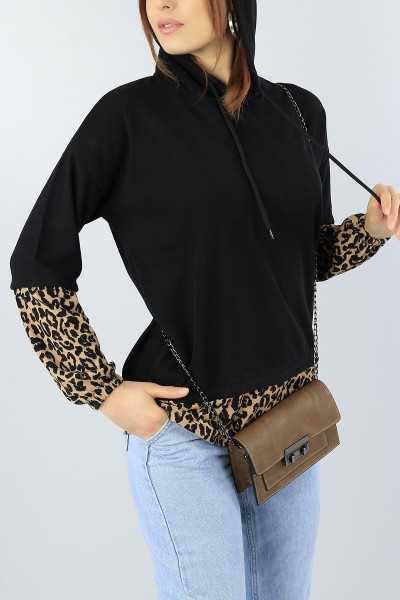 Siyah Leopar Garnili Bayan Sweat 55038