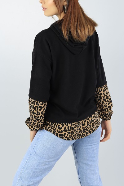 Siyah Leopar Garnili Bayan Sweat 55038