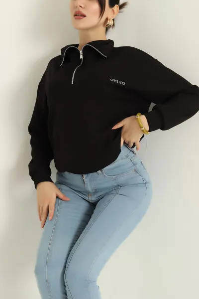 Siyah Likralı Baskılı Modal Bayan Sweat 327983