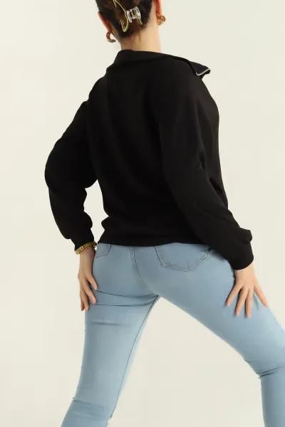 Siyah Likralı Baskılı Modal Bayan Sweat 327983