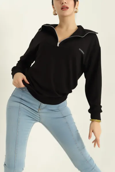 Siyah Likralı Baskılı Modal Bayan Sweat 327983