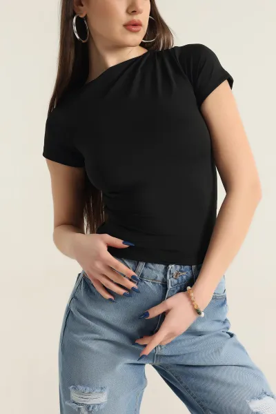 Siyah Likralı Büzgülü Sandy Bluz 337389