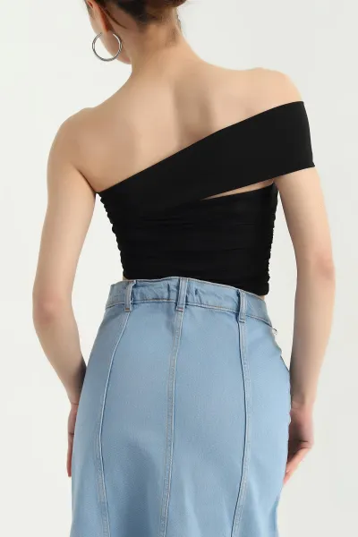 Siyah Likralı Büzgülü Sandy Bluz 338346