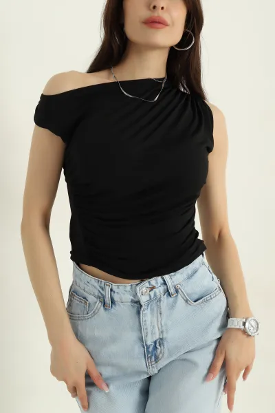 Siyah Likralı Büzgülü Sandy Kadın Bluz 371035