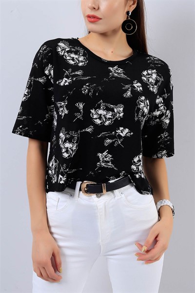 Siyah Likralı Desenli Bluz 15784B      