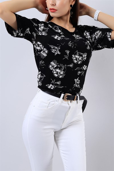 Siyah Likralı Desenli Bluz 15784B      