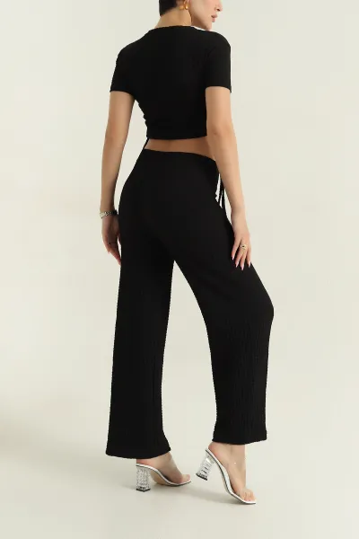 Siyah Likralı Gofre Bluz Pantolon Kadın İkili Takım 374964