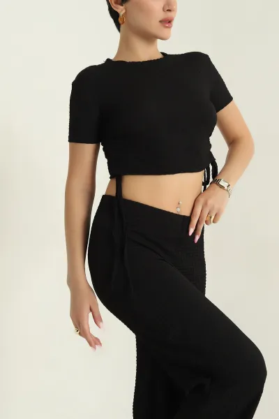 Siyah Likralı Gofre Bluz Pantolon Kadın İkili Takım 374964