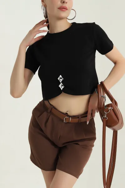 Siyah Likralı İnterlok Kadın Crop Bluz 378663