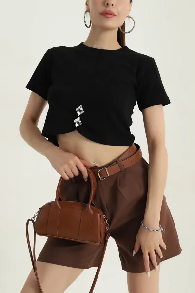 Siyah Likralı İnterlok Kadın Crop Bluz 378663