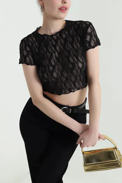 Siyah Likralı Kadın Dantel Crop 447128
