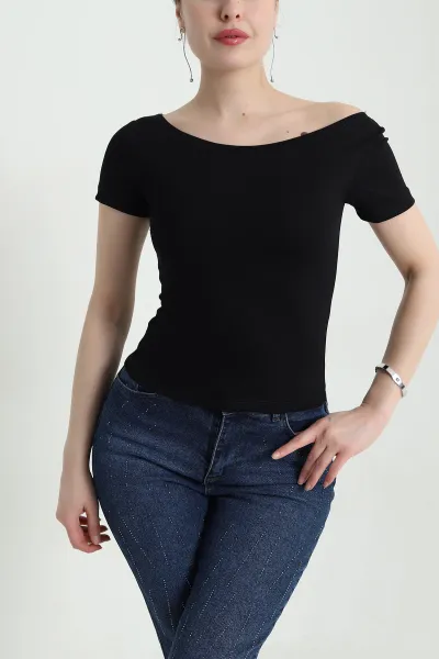 Siyah Likralı Kayık Yaka Oysho Kadın Bluz 454064
