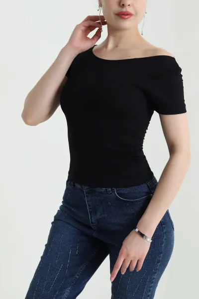 Siyah Likralı Kayık Yaka Oysho Kadın Bluz 454064