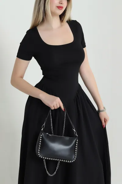 Siyah Likralı Kısa Kol Scuba Kadın Elbise 473521