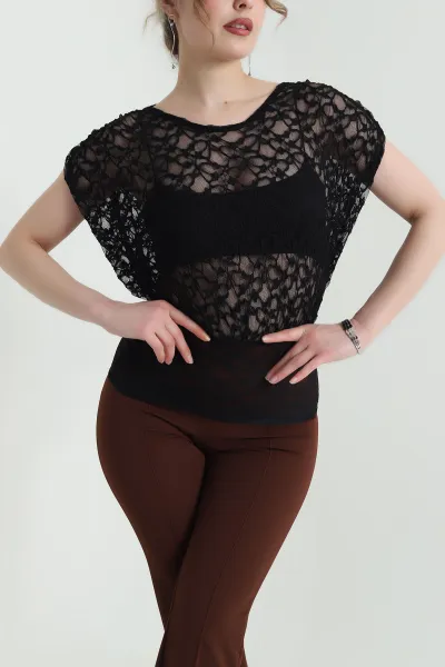 Siyah Likralı Kolsuz Kadın Tül Bluz 453422