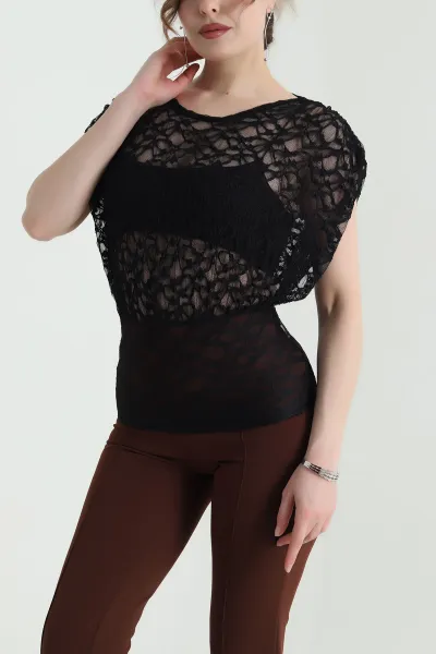 Siyah Likralı Kolsuz Kadın Tül Bluz 453422