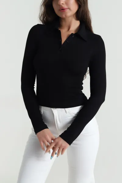 Siyah Likralı Polo Yaka Kadın Bluz 483154