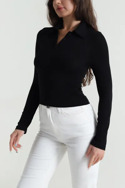 Siyah Likralı Polo Yaka Kadın Bluz 483154