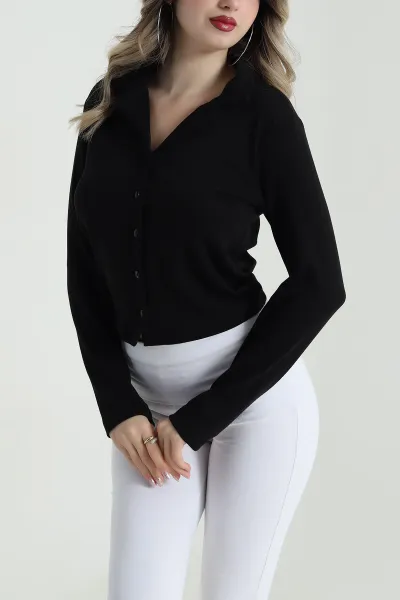 Siyah Likralı Polo Yaka Kadın Bluz 490626
