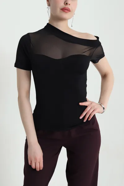 Siyah Likralı Tül Garnili Sandy Kadın Bluz 454327