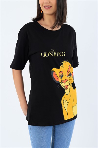 Siyah Lion King Baskılı Bayan Tişört 32871