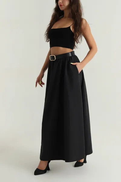 Siyah Liza Soft Kemerli Kadın Etek 393112