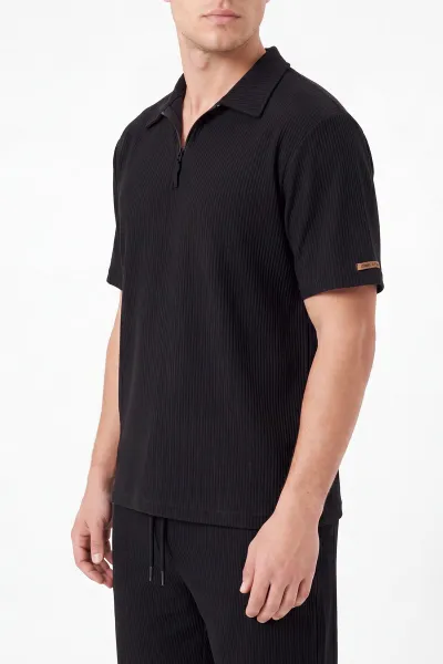 Siyah Look Kumaş Yarım Fermuarlı Erkek Şortlu Takım 467643