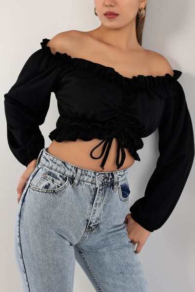 Siyah Madonna Yaka Büzgülü Bluz 142888