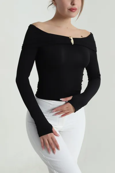 Siyah Madonna Yaka Dalgıç Kadın Bluz 486197