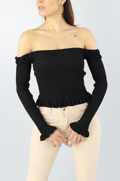 Siyah Madonna Yaka Likralı Crop Triko 53713