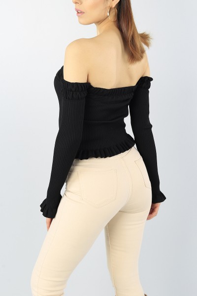 Siyah Madonna Yaka Likralı Crop Triko 53713